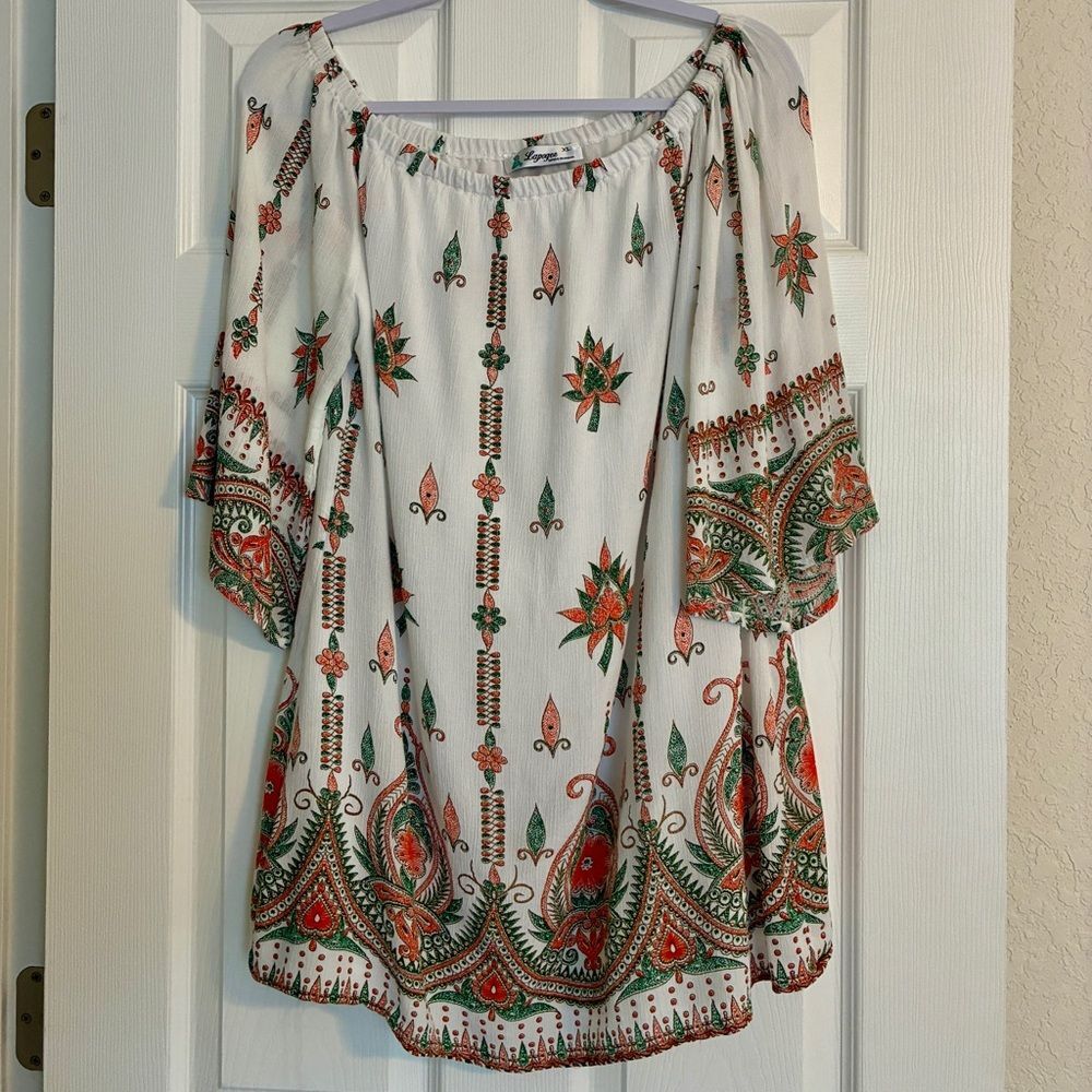 Lapogee Tunic Top Women’s XL Boho India Peasant White Orange Paisley Floral